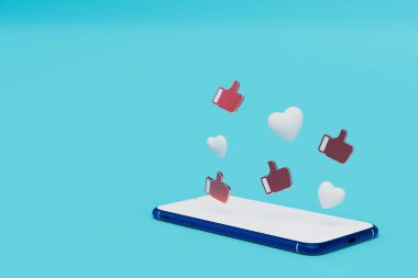 İnternetteki yazışmalar. Fotoğraflarda ve videolarda oynamayı seviyor. Akıllı telefon, kalpler ve baş parmaklar yukarı. 3d hazırlayıcı.