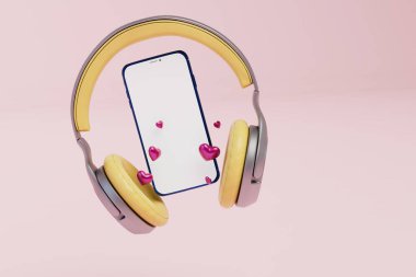 En sevdiğin müziği telefonundan dinliyorsun. Kalpleri ve kulaklıkları pembe arka planda olan akıllı telefon. 3d hazırlayıcı.