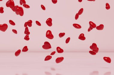 Uçan kırmızı kalplerin kalıplarından oluşan soyut bir arka plan. 3d hazırlayıcı.