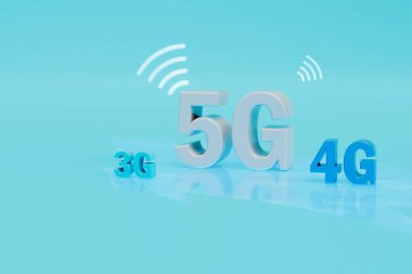 3G, 4G internet, yüksek hızlı ev 5G internet. 3G, 4G, 5G kablosuz bağlantı simgeleri. 3d hazırlayıcı.