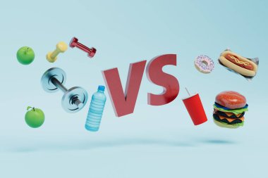 Fast food ve spor arasında seçim yapma konsepti. 3d hazırlayıcı.