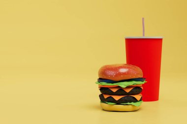 Fast food atıştırması. Sarı arka planda çizburger ve kola. kopyala yapıştır, kopyala alanı. 3d hazırlayıcı.