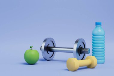 Aktif spor. Halter, dambıl, su ve protein içeceği için karıştırıcı, elma. 3d hazırlayıcı.