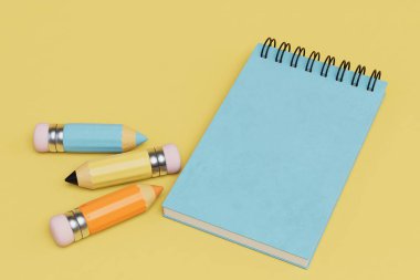 Öğrenmek için gerekli konular. Sarı arka planda renkli kalemler ve not defterleri. 3d hazırlayıcı.