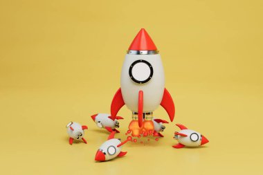 Uzay keşfi konsepti. Roketlerin sarı arka planda durduğu bir roket havalanıyor. 3 Boyutlu Hazırlama.