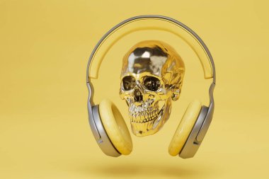 Sarı arka planda kulaklıklı altın bir insan kafatası. 3 Boyutlu Hazırlama.