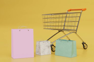 Mağazadan hediyeler alıyor. Yanında bir alışveriş arabası ve hediye paketleri. 3 Boyutlu Hazırlama.
