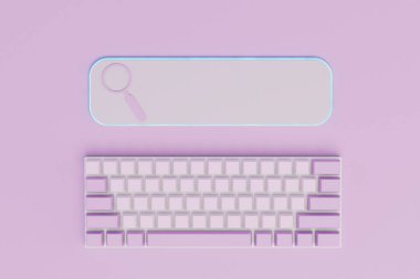 İnternet 'te bilgi ara. Pastel arka planda tarayıcı arama çubuğu ve klavye. kopyala yapıştır. 3 Boyutlu Hazırlama.