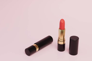 Makyaj için makyaj malzemeleri. Pastel arka planda ruj ve brasmatik. 3 Boyutlu Hazırlama.