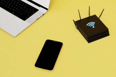 Wi-Fi sinyallerinin dağıtımı yönlendiriciden yapılıyor. Bilgisayar, akıllı telefon ve sarı arkaplanda kablosuz ağ yönlendirici. 3 Boyutlu Hazırlama.