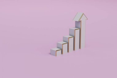 Satış büyüme tablosu. Pembe pastel arka planda hacimsel okların grafiği. 3 Boyutlu Hazırlama.