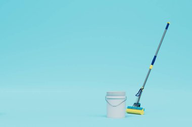 Yüksek kaliteli paspas konsepti. Su kovası ve mavi arka planda bir paspas. kopyala yapıştır. 3d hazırlayıcı.