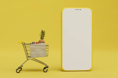 İnternetten meyve almak. Sarı arka planda meyve arabası ve akıllı telefon. 3 Boyutlu Hazırlama.
