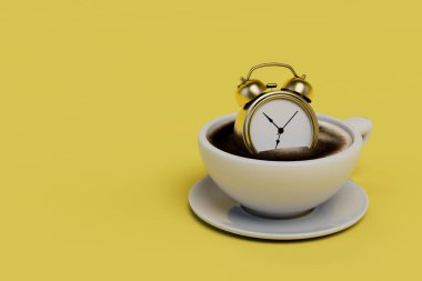 Kahve için vaktim yok. Sarı arka planda bir fincan kahvenin içindeki çalar saat. kopyala yapıştır, kopyala alanı. 3 Boyutlu Hazırlama.