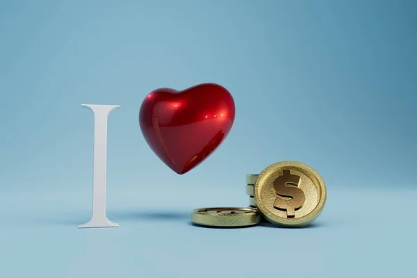 The inscription I love money with a red heart on a blue background. 3D render.