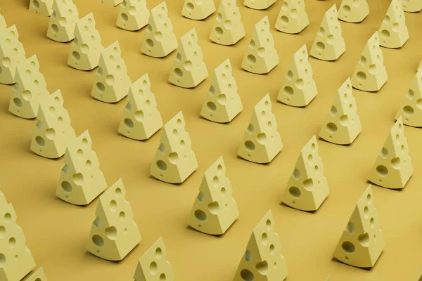 abstract background. patterns of pieces of cheese on a yellow background. 3D render.
