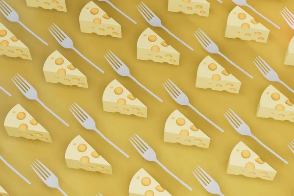 abstract background. patterns of pieces of cheese and forks on a yellow background. 3D render.