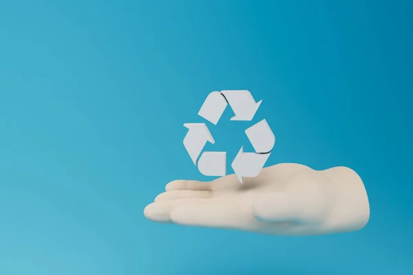 Reciclagem Reciclagem Resíduos Uma Mão Com Ícone Reciclagem Fundo Azul — Fotografia de Stock