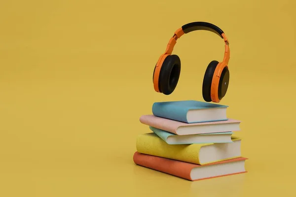 オーディオブックを聴いています 黄色の背景の本やヘッドフォンです 3Dレンダリング — ストック写真