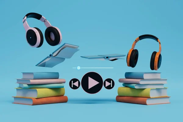 listening to audiobooks. books, audio track and headphones on a yellow background. 3D render.