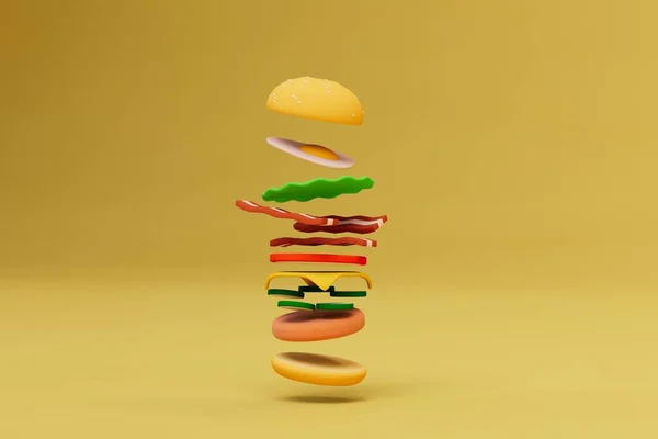 Engridients Making Burger Flying Burger Yellow Background Render — Stock Photo, Image