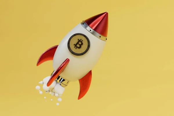 Bitcoin logo roketatar, kripto para birimi konsepti. Sarı arka planda bitcoin olan roket. 3d hazırlayıcı.
