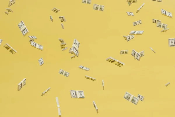 Абстрактный Фон Состоящий Шаблонов Бумажных Долларов Пролетающих Над Желтым Фоном — стоковое фото