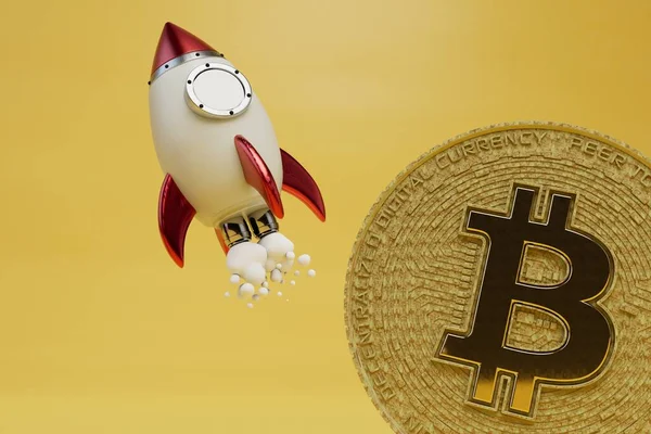Kripto Para Biriminin Hızlı Büyümesi Sarı Arka Planda Roket Bitcoin — Stok fotoğraf