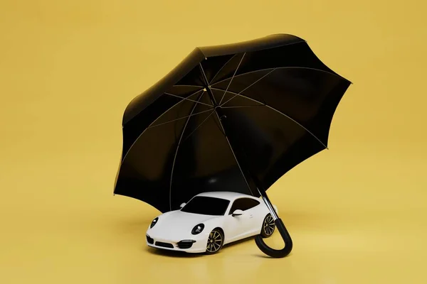 Seguro Automóvel Carro Sob Guarda Chuva Proteção Fundo Amarelo Renderização — Fotografia de Stock