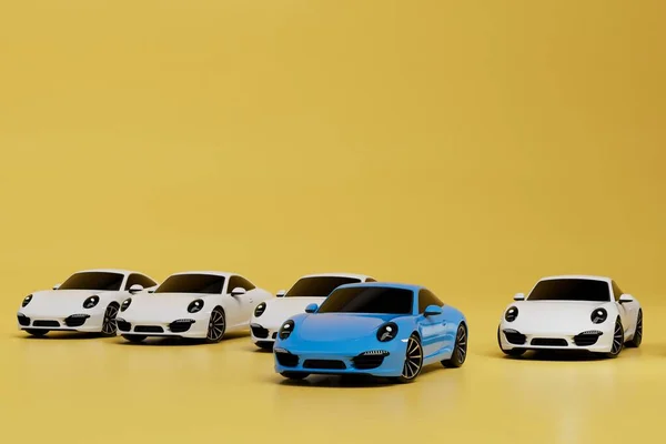Conceito Escolha Carro Carro Azul Entre Brancos Fundo Amarelo Renderização — Fotografia de Stock