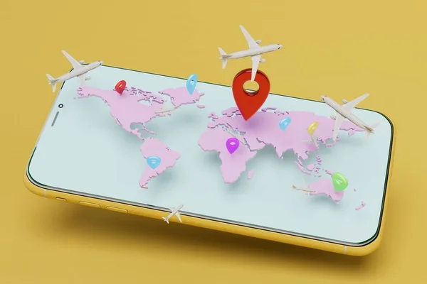 travel around the world by plane. world map with destination point in smartphone. 3d render.