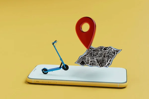 Elektrikli Scooterla Seyahat Ediyor Haritadaki Rota Akıllı Telefondan Hazırlayıcı — Stok fotoğraf