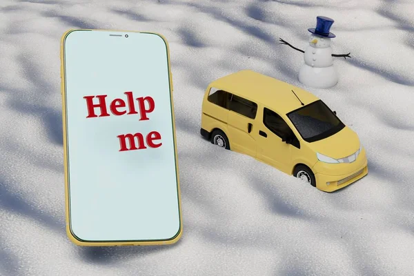 Auto Zat Vast Sneeuw Bericht Aan Telefoon Help Renderen — Stockfoto