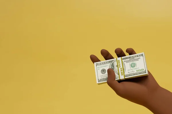 cash payment. african american man holds a pack of paper dollars in his hand. 3d render.
