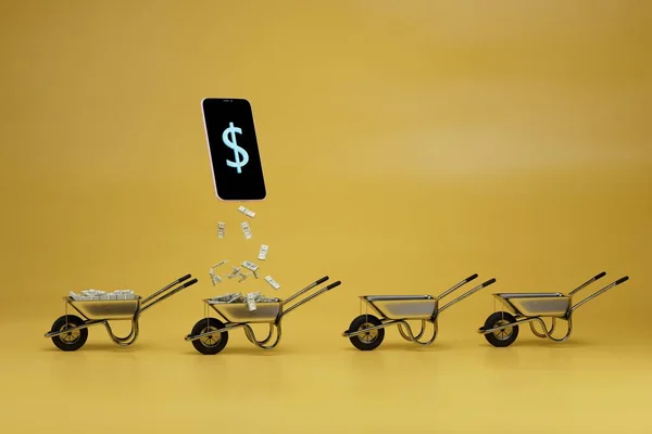 rich life concept. earn money online through smartphone. 3d render.
