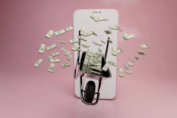 Зарабатывать Деньги Онлайн Через Смартфон Тележка Долларами Вылетающими Телефон Рендеринг — стоковое фото