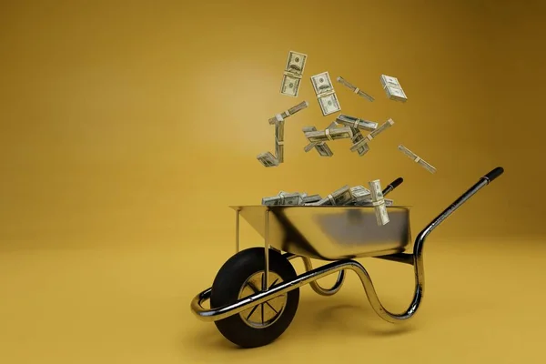 rich life concept. take out the money in a wheelbarrow. wheelbarrow with dollars flying out of it. 3d render.