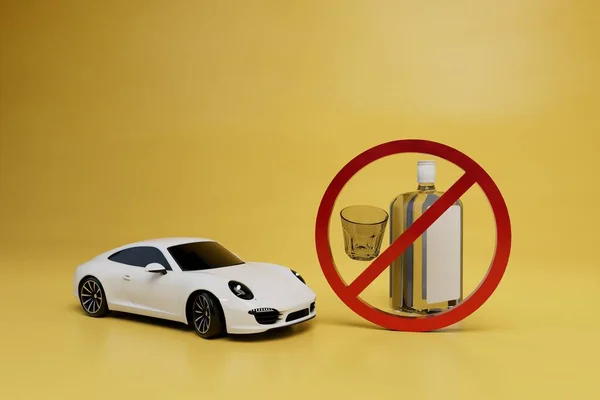 icon do not drink and drive. car next to which the icon with crossed out alcohol. 3d render.