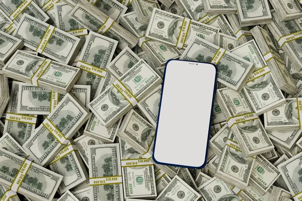 earn money online from smartphone. phone on the background of patterns of paper dollars. 3d render.