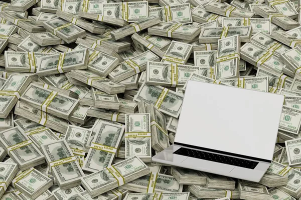 Zarabiać Pieniądze Online Laptopa Laptop Tle Wzorów Papierowych Dolarów Renderowanie — Zdjęcie stockowe