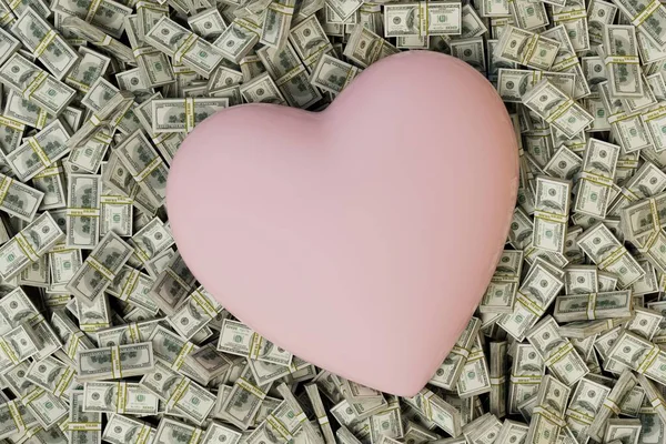 love for money. big pink heart on the background of paper dollar patterns. 3d render.