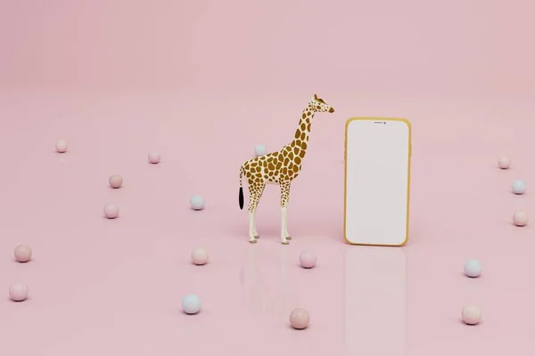 giraffe with a smartphone on an abstract pink background with colorful balloons. 3d render.