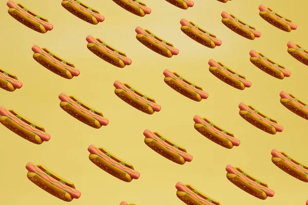 Fond Abstrait Composé Motifs Hot Dogs Sur Fond Jaune Rendu — Photo