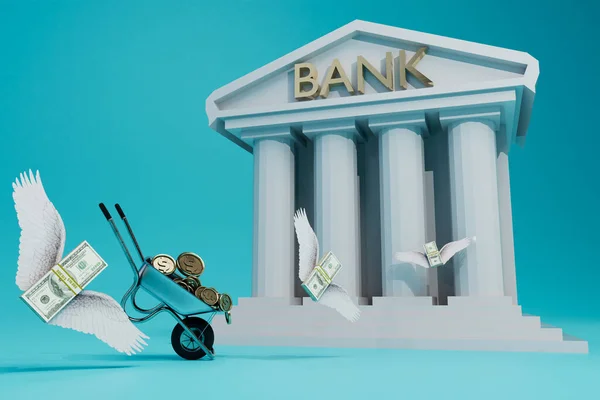 Banka operasyonları. Banka binası, bozuk para arabası ve bankaya doğru uçan kanatlı dolarlar. 3d hazırlayıcı.