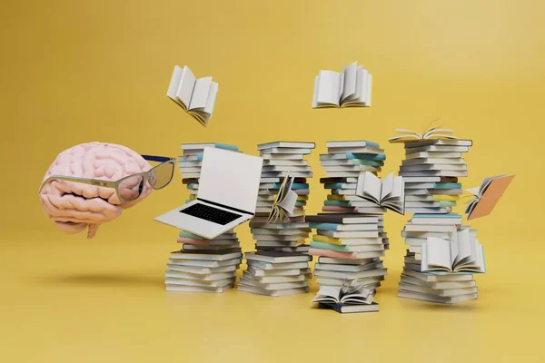 Concepto Aprendizaje Línea Cerebro Gafas Delante Portátil Montón Libros Sobre — Foto de Stock