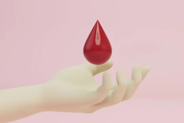 Bloedtransfusie Concept Hand Een Druppel Bloed Een Roze Achtergrond Renderen — Stockfoto