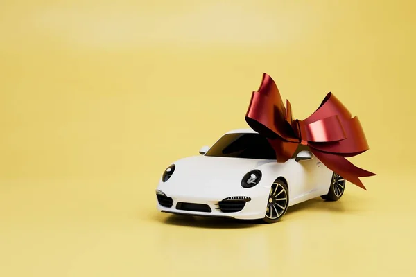 Carro Como Presente Carro Branco Com Laço Presente Vermelho Fundo — Fotografia de Stock