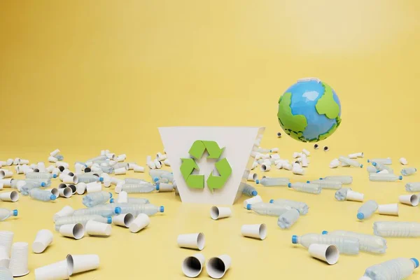 廃棄物で地球を汚染しています プラスチックの分別とリサイクルです 3Dレンダリング — ストック写真