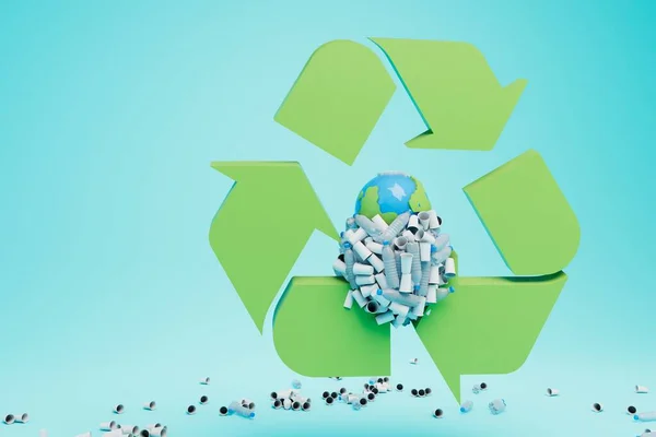 Katastrofa Ekologiczna Planeta Jest Cała Plastiku Ikona Recyklingu Odpadów Renderowanie — Zdjęcie stockowe
