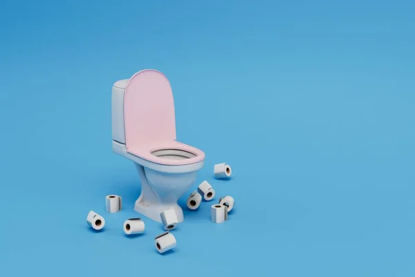 厕所烂摊子白色的马桶和卫生纸卷散落在地板上 3D渲染 — 图库照片
